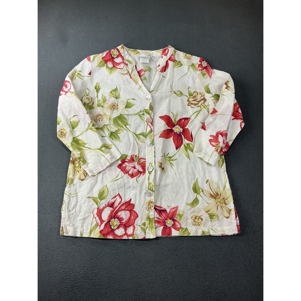 Hot Cotton Tunic Womens S White Floral Linen Cotton V-Neck 3/4 Sleeve Casual